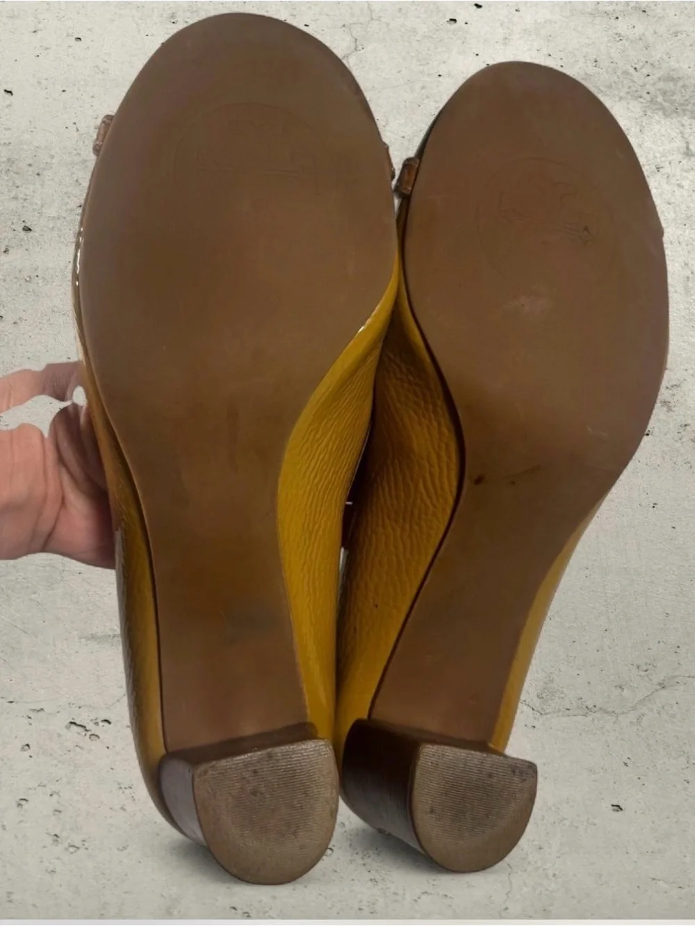 Tory Burch Tan Patent Leather Round-Toe Block Heel Pumps
